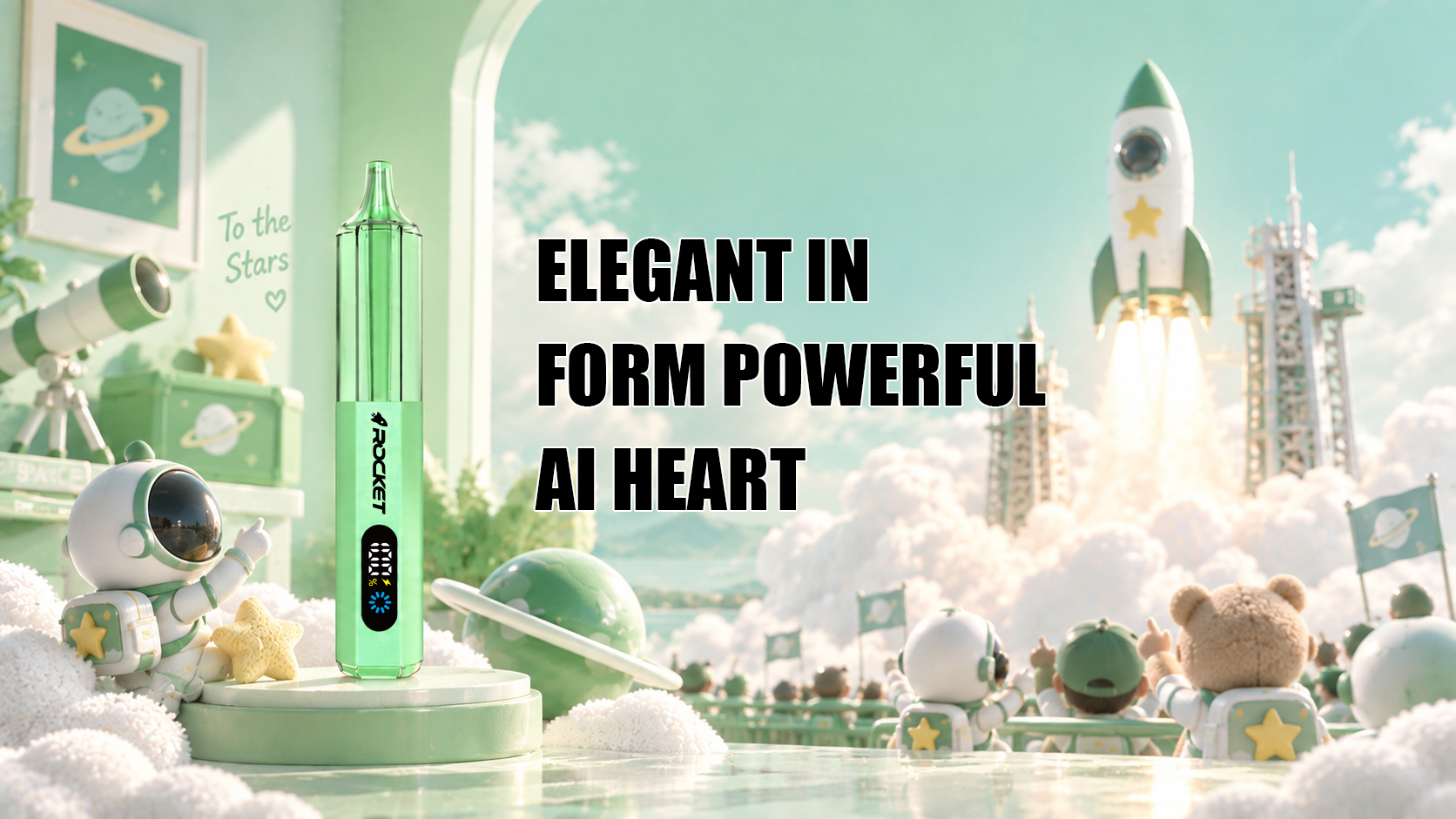 ROCKET PRO 30000 in mint green on a launch-pad podium — elegant in form, powerful at heart
