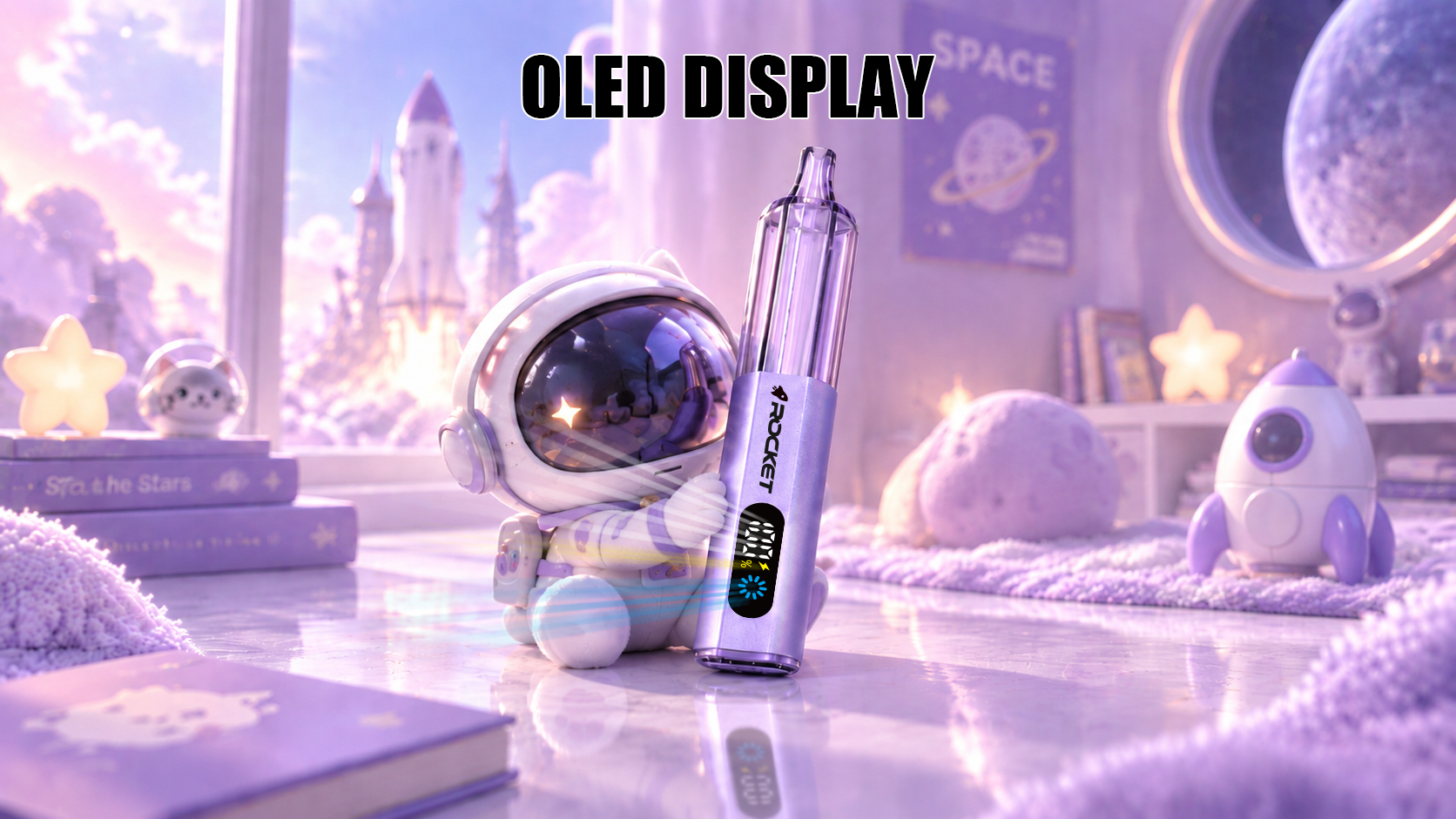 ROCKET PRO 30000 in lavender showing its OLED display with puff count and battery level