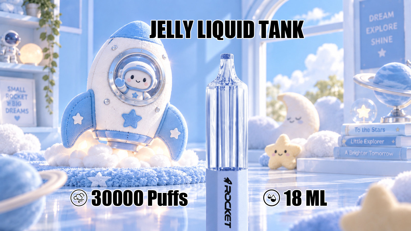 Transparent jelly liquid tank close-up — 30000 puffs, 18 ml capacity