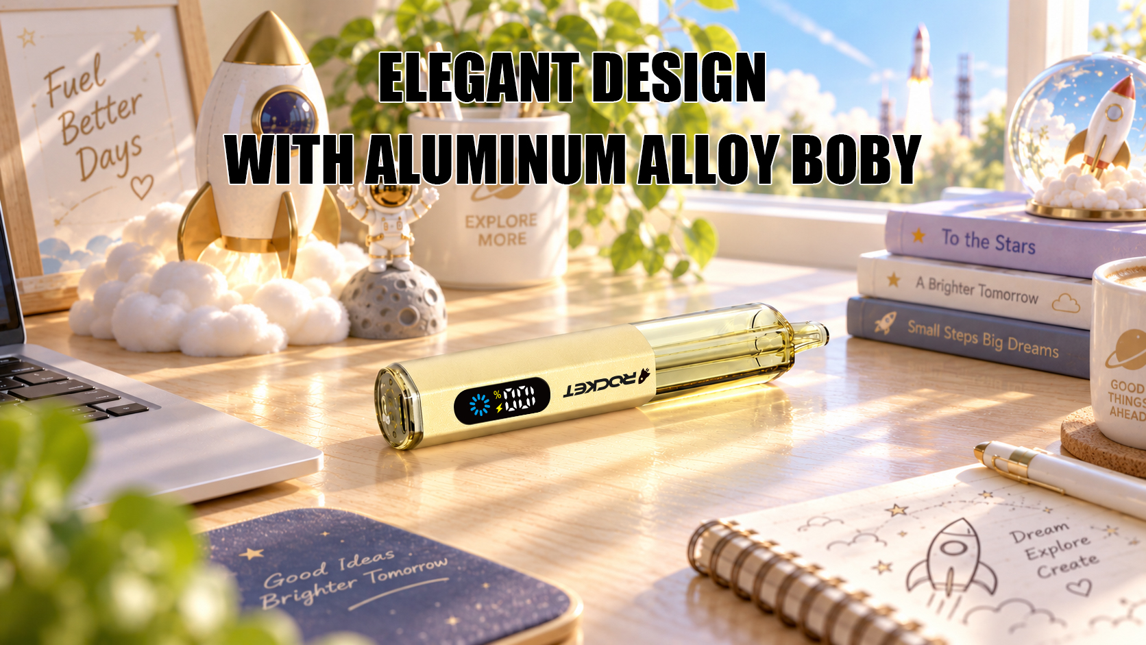 ROCKET PRO 30000 in gold on a desk — elegant design with an aluminum alloy body