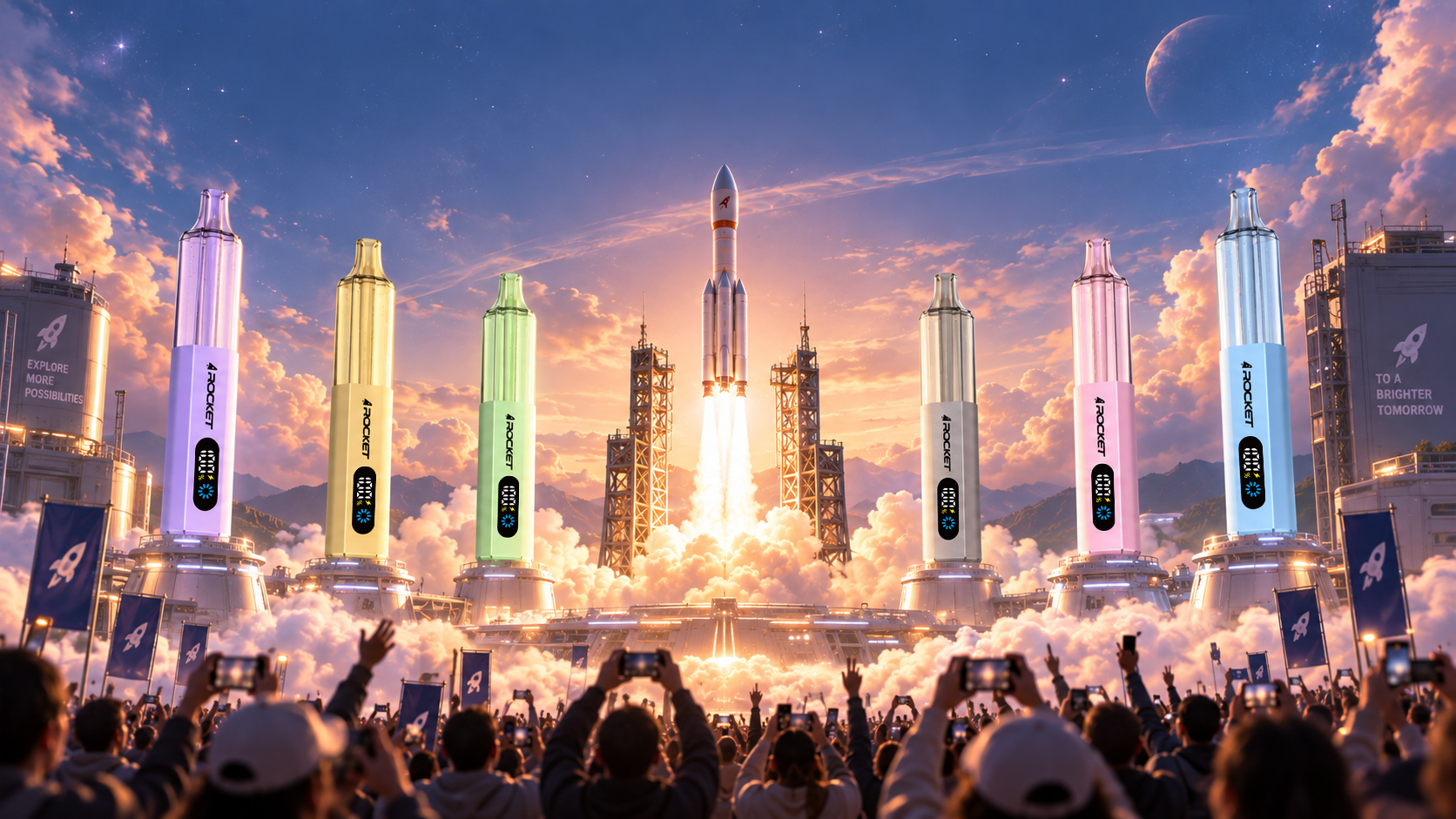 Six ROCKET PRO 30000 colorways standing on launch pads beneath a rocket lift-off