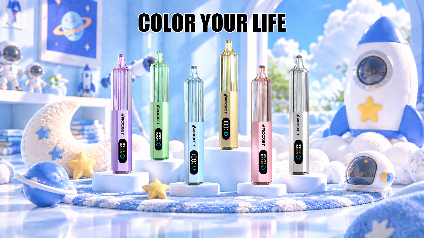 Six ROCKET PRO 30000 colorways on podiums — purple, green, blue, gold, pink and silver — color your life