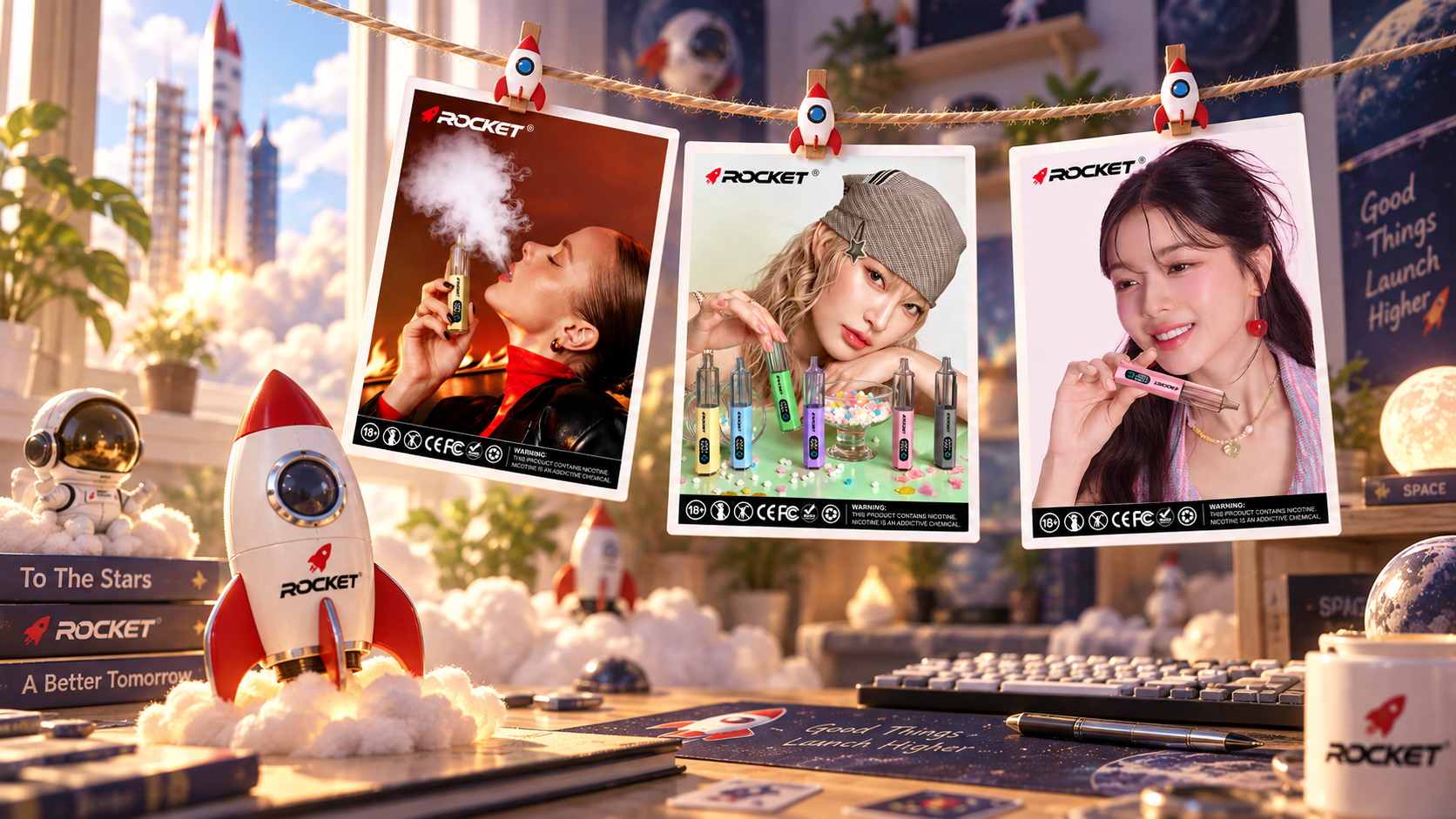 Three ROCKET product cards pegged on a line, each carrying the 18+ nicotine warning
