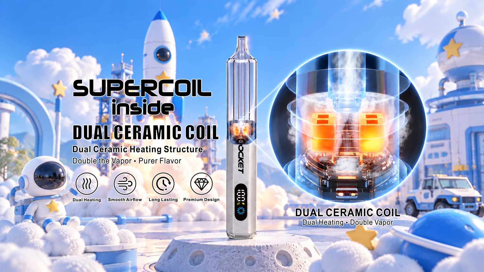 Silver ROCKET PRO 30000 with SUPERCOIL inside — dual ceramic coil, double the vapor, purer flavor