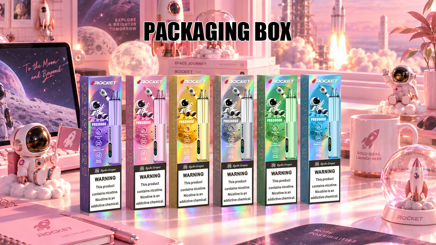 ROCKET PRO 30000 packaging boxes in six colorways — purple, pink, gold, silver, green and blue