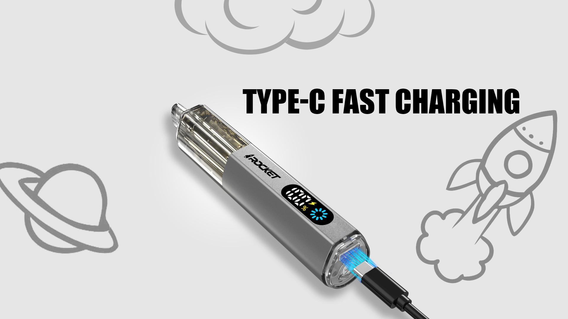 Silver ROCKET 12000 with a cable plugged in — Type-C fast charging