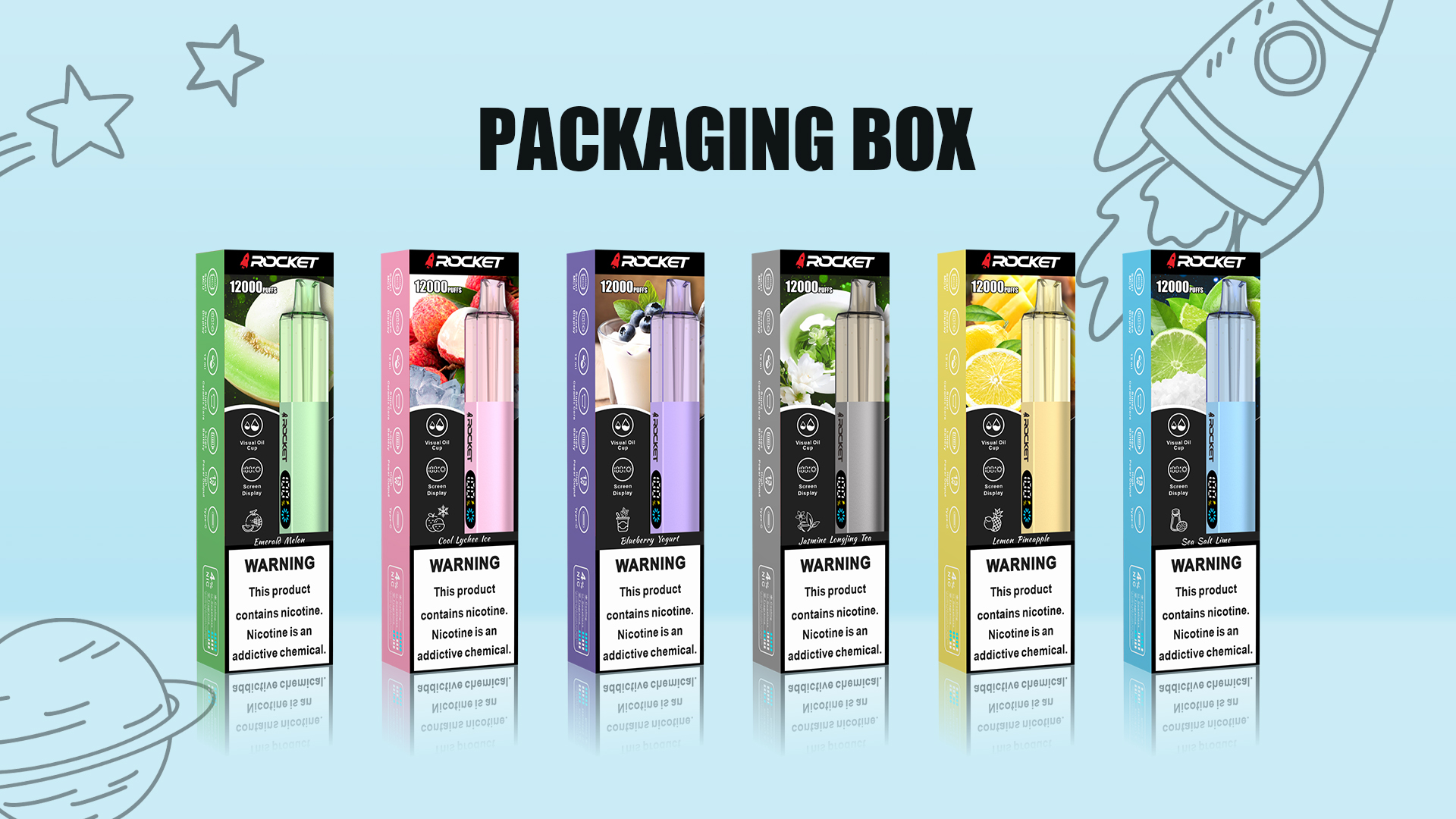 Six ROCKET 12000 retail packaging boxes with flavor names and nicotine warnings